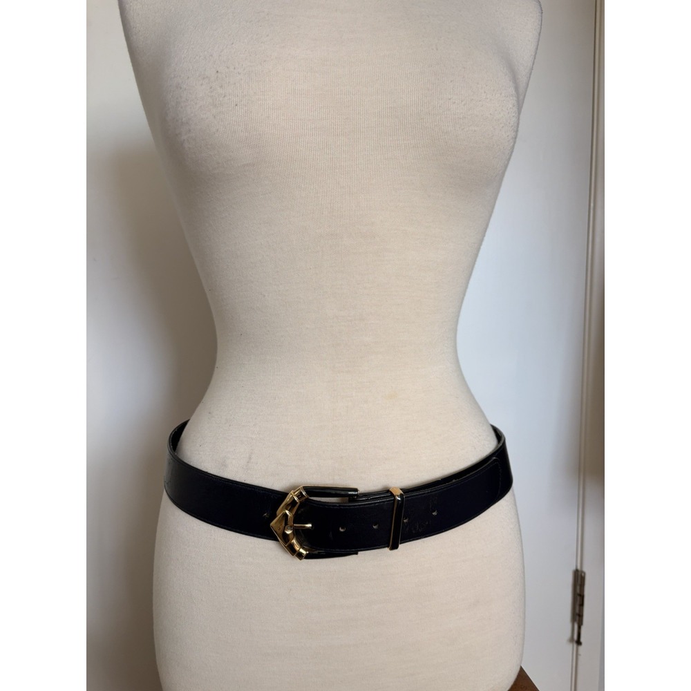 St. John Vintage Black Leather Gold & Black Statement  Buckle Quiet Luxury